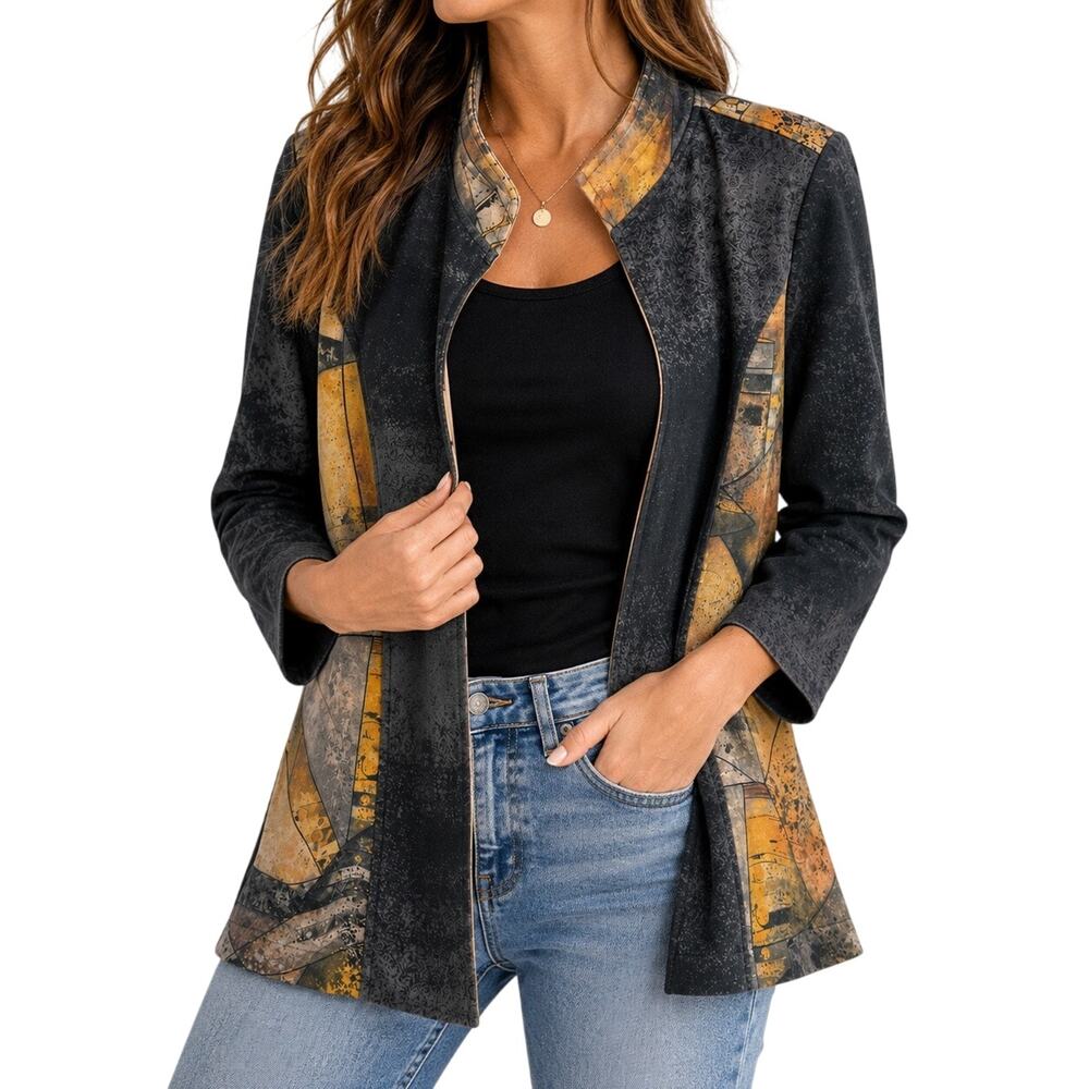 NEW NWOT Ali Miles Sz Medium Black Wearable Art Open Front Jacket Shirt Top Fall